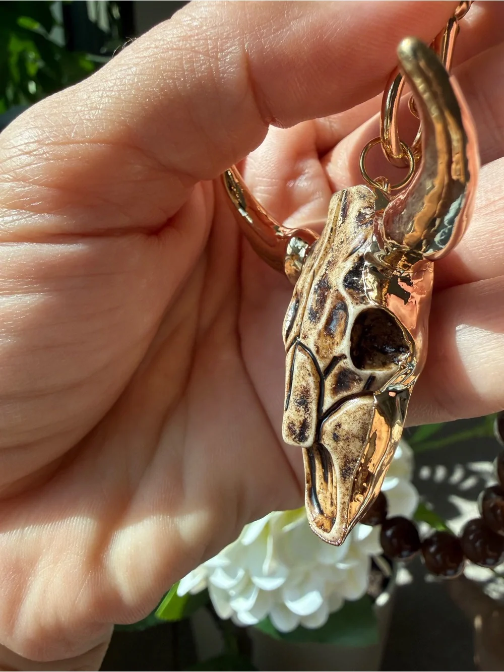 Gold & Brown Beaded Bull Skull Necklace